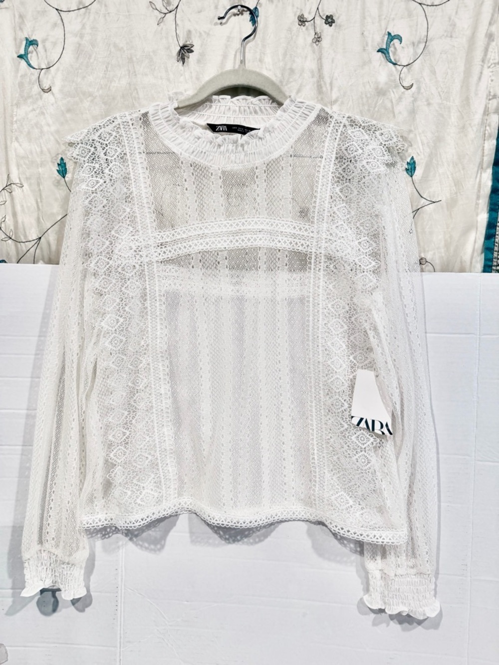 Zara White Lace Sheer Long-Sleeve Blouse